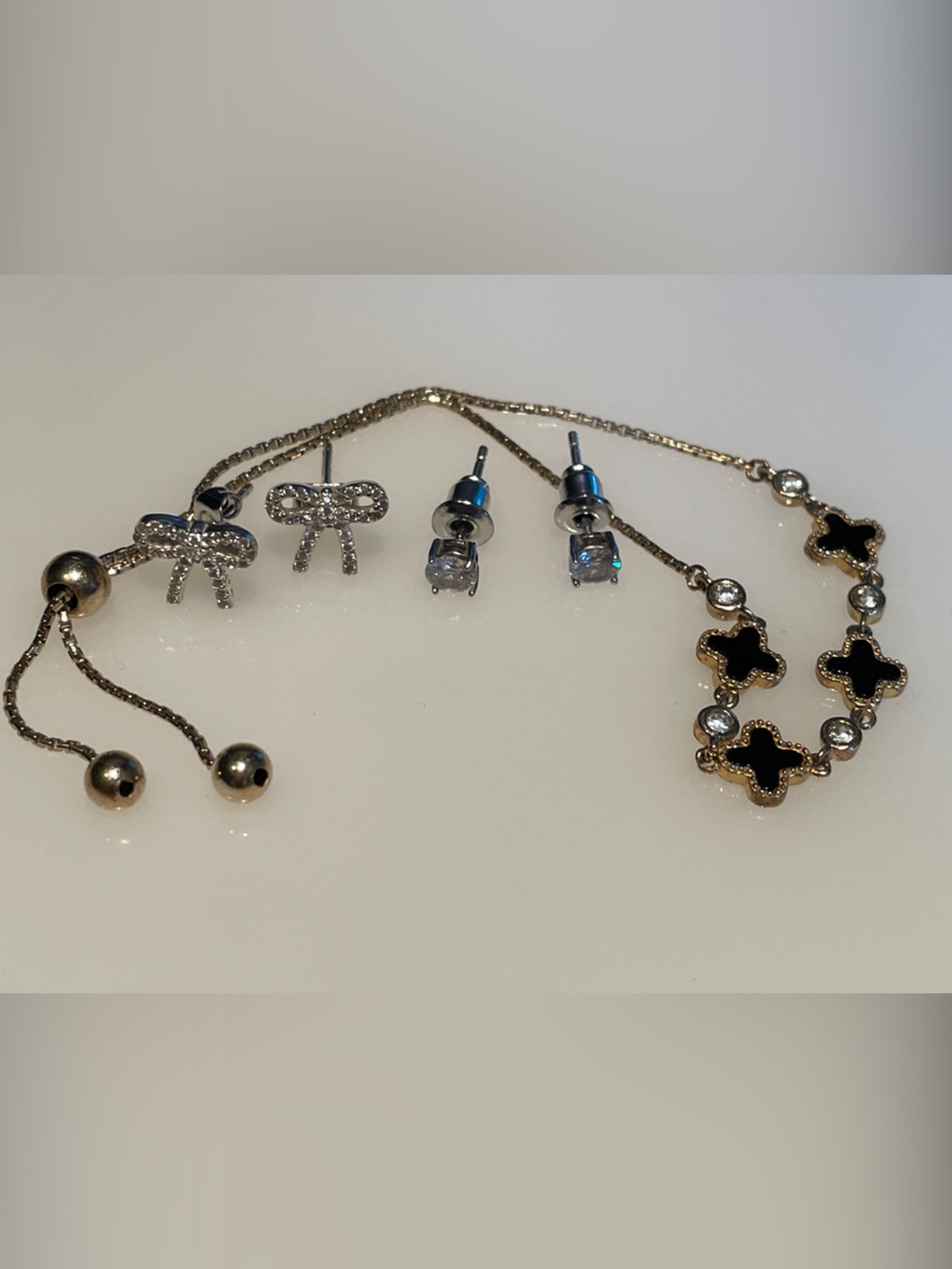 Set of Solid 925 Silver Black Clover Bracelet, 2pairs Earrings All Stamped